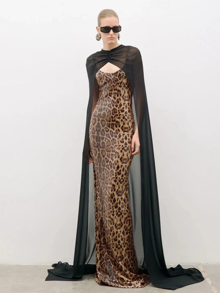 Trend4us Luxe Pearl Sequin Sheer Mesh High-Neck Maxi Dress