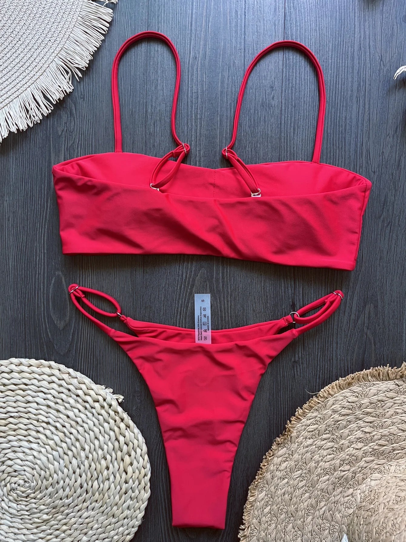 Trend4us Luxe Rhinestone Bandeau Bikini Set in red back view