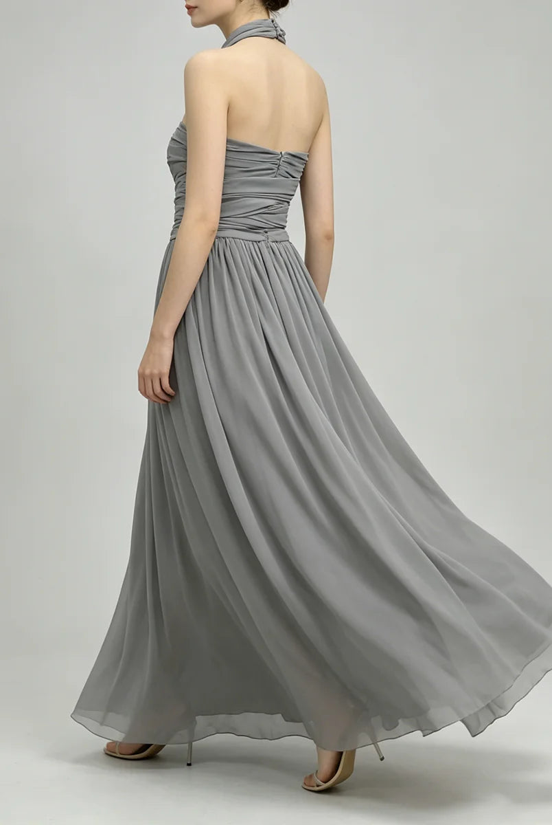 Trend4us Luxe Draped Halter Cutout Backless Evening Gown - Gray