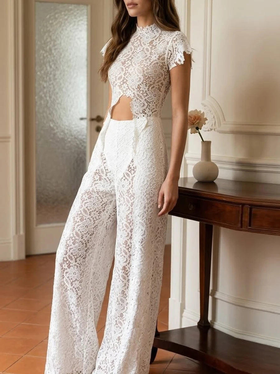 Trend4us Luxe Sheer Lace Cutout Top & Wide-Leg Pants Set