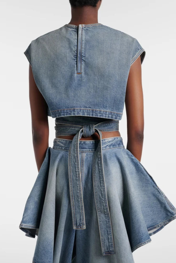 Trend4us Luxe Asymmetrical Denim Crop Top & Draped Skirt Set in blue back view