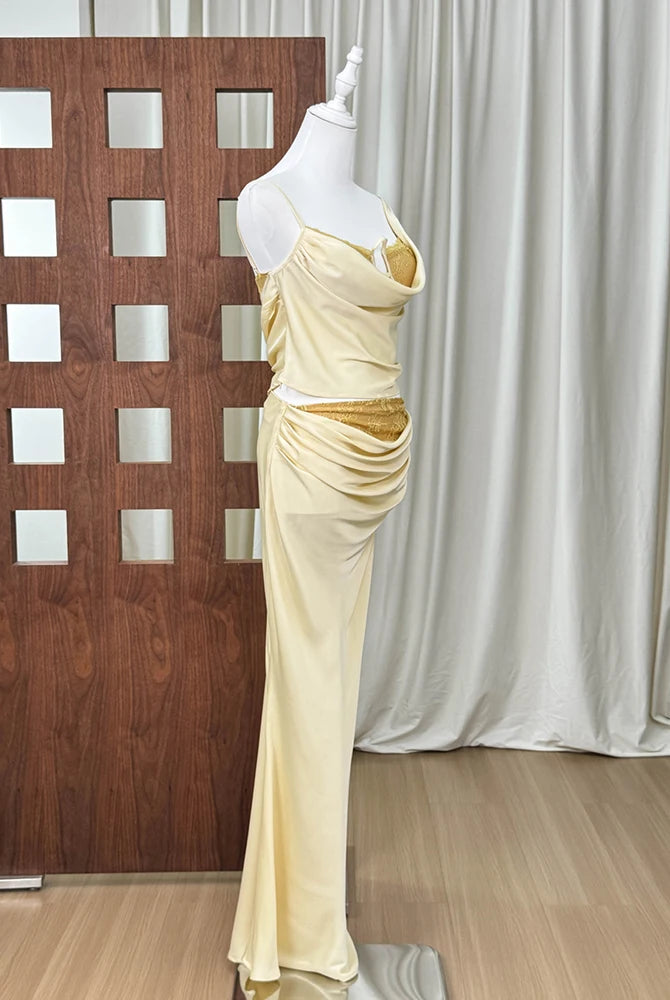 Trend4us Luxe Satin Lace Cowl Neck Maxi Skirt Set – Cream