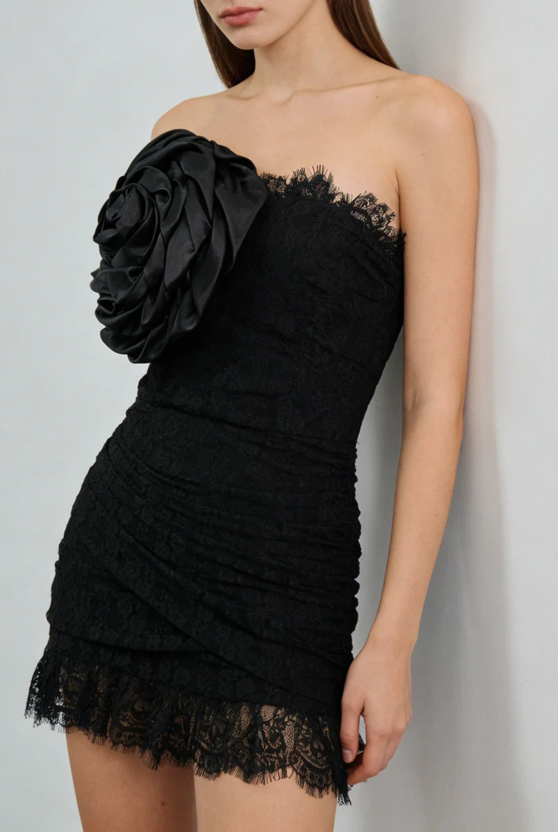 Trend4us Luxe Strapless Rosette Ruched Lace Mini Dress