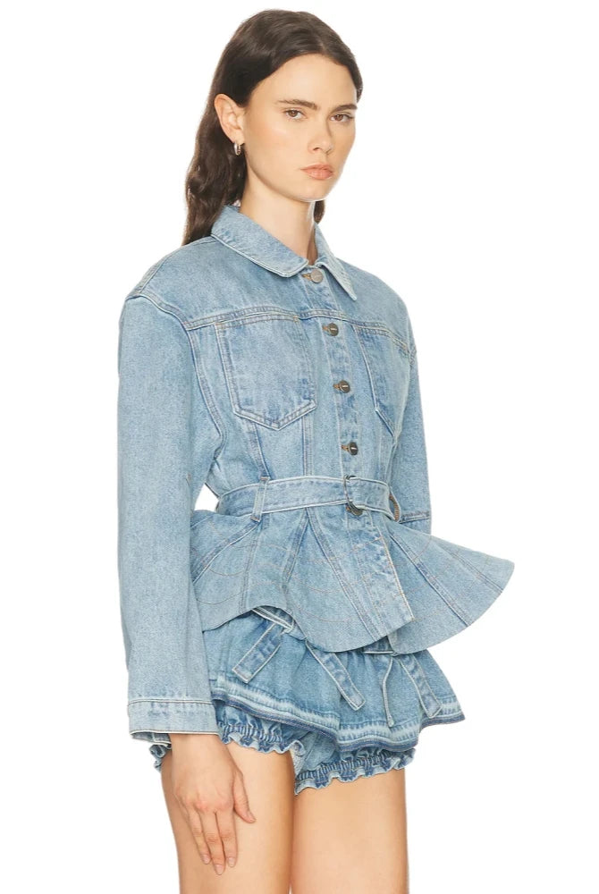 Trend4us Luxe Belted Peplum Denim Jacket & Ruffle Shorts Set in blue