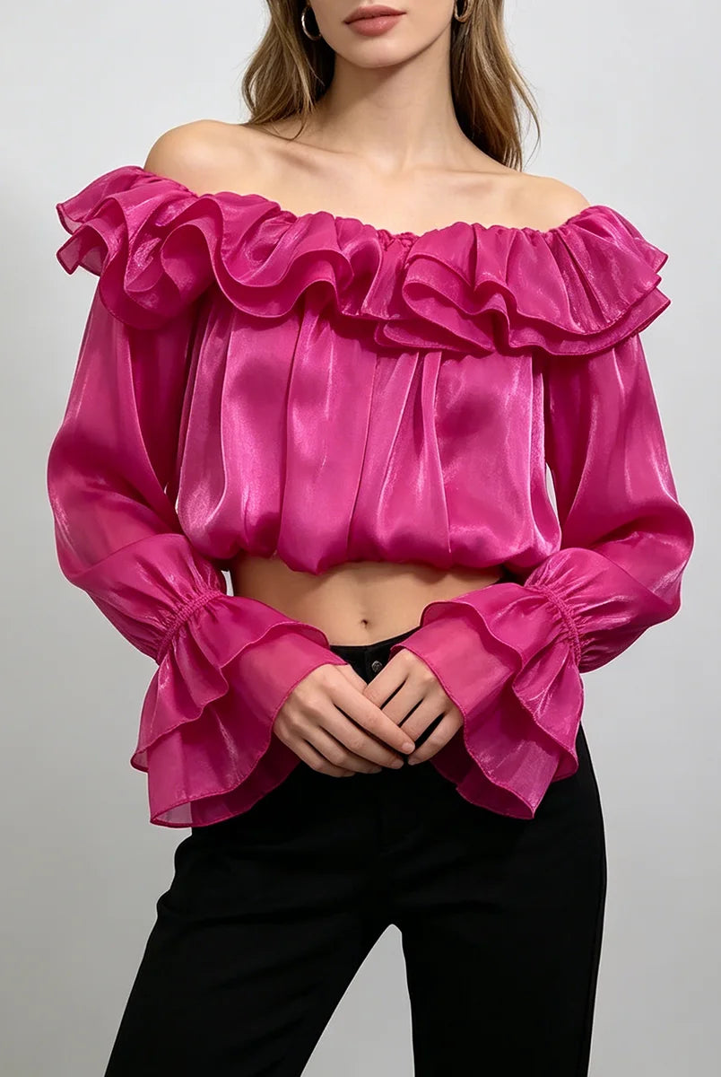 Trend4us Luxe Off-Shoulder Ruffle Organza Crop Blouse