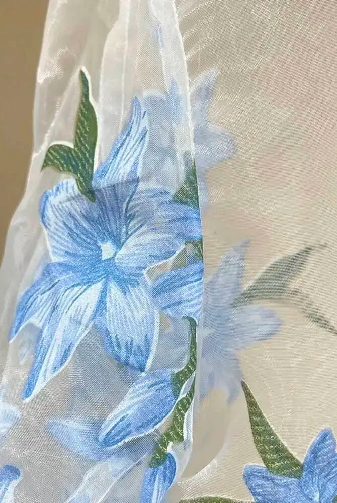 Trend4us Sheer Floral Print Blouse – Women's Sky Blue Button-Up