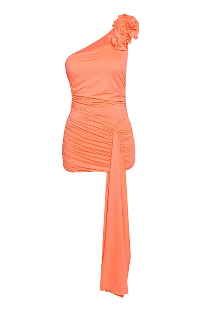 Trend4us Luxe Rosette One-Shoulder Ruched Draped Mini Dress