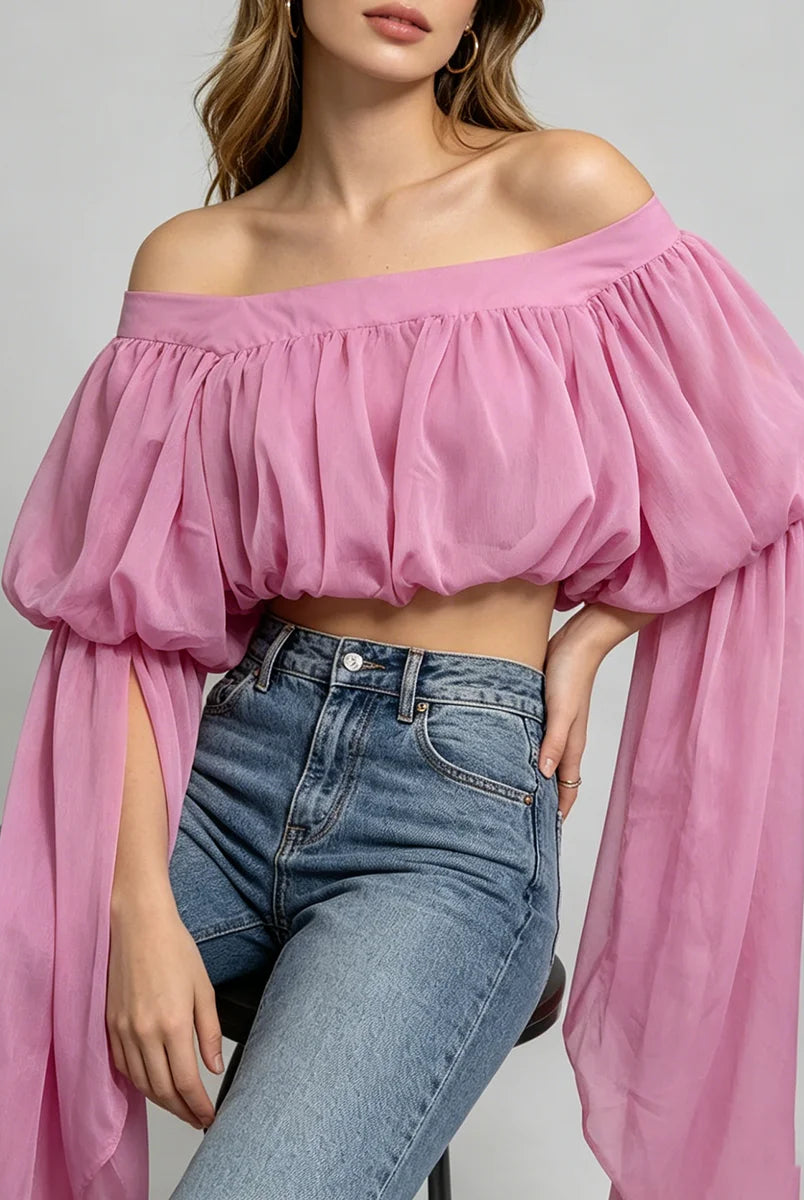 Trend4us Romantic Off-Shoulder Chiffon Puff Sleeve Crop Top
