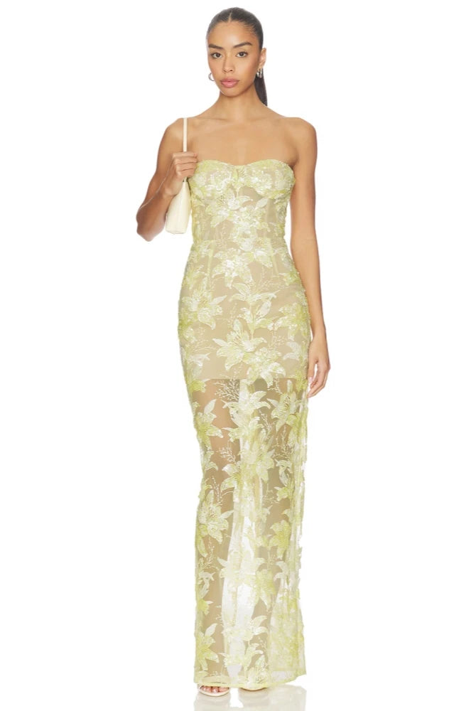 Trend4us Luxe Strapless Floral Sequin Embroidered Maxi Dress-Butter Yellow Floral