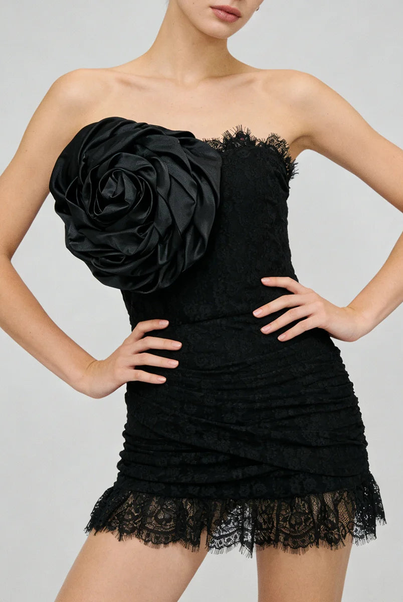 Trend4us Luxe Strapless Rosette Ruched Lace Mini Dress