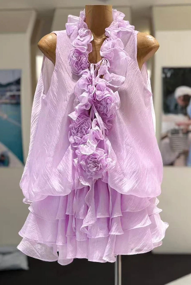 Trend4us Luxe 3D Rosette Ruffle Blouse & Layered Shorts Set - Purple