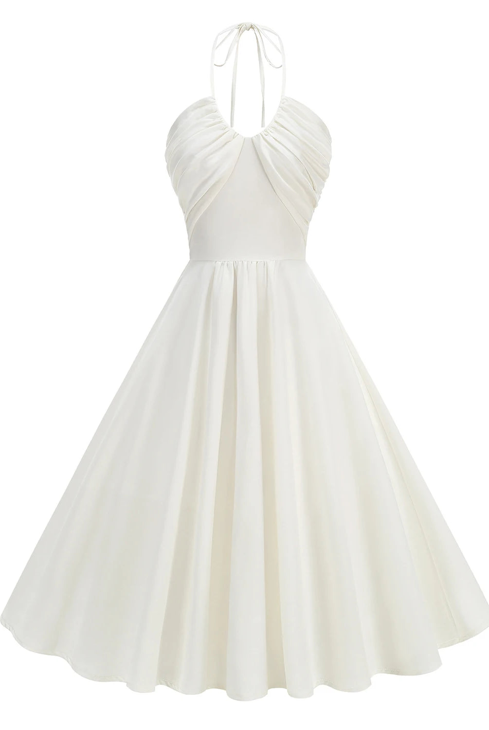 Trend4us Vintage Halter Ruched Summer Fit & Flare Dress in white front view