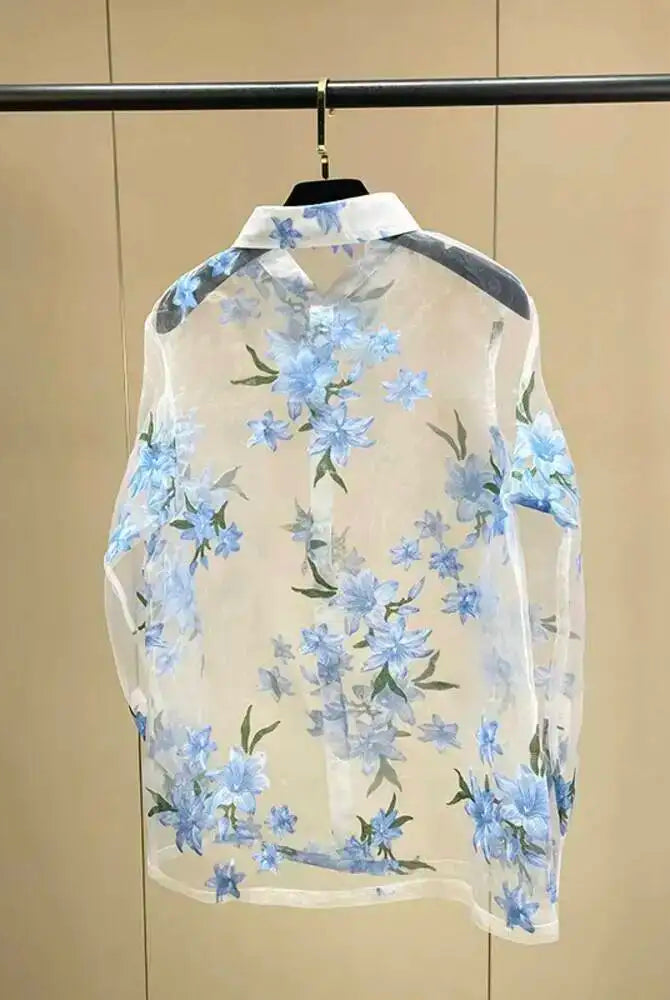 Trend4us Sheer Floral Print Blouse – Women's Sky Blue Button-Up