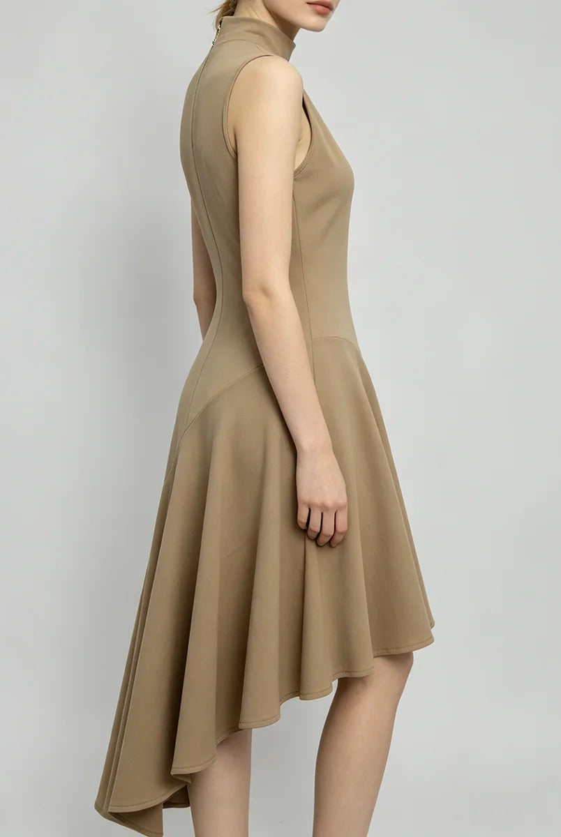 Trend4us Elegant High-Neck Asymmetrical Hem Midi Dress