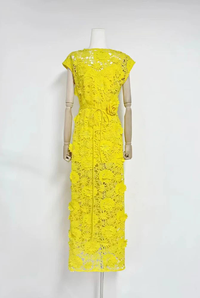 Trend4us Luxe 3D Floral Appliqué Sheer Evening Gown - Yellow