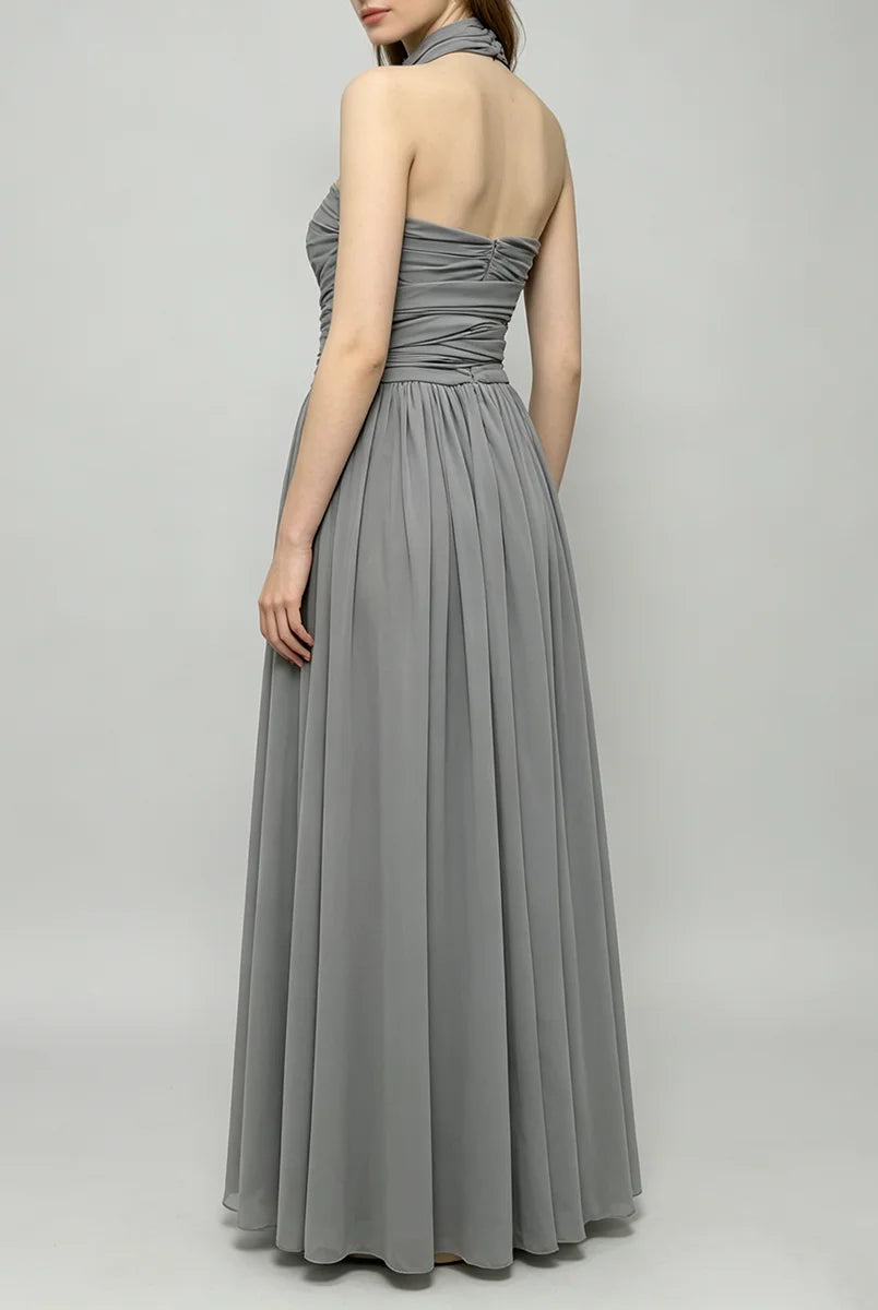 Trend4us Luxe Draped Halter Cutout Backless Evening Gown - Gray