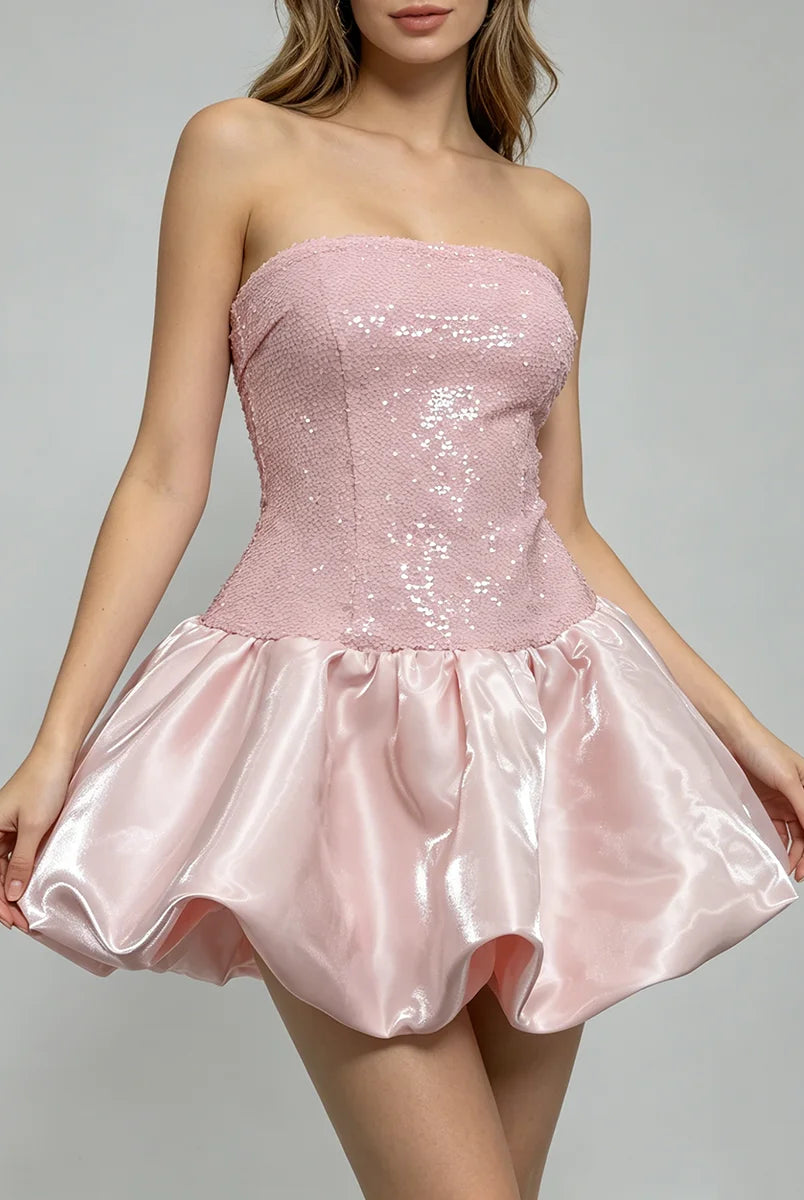 Trend4us Luxe Strapless Sequin Bubble Hem Mini Dress