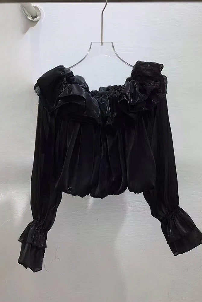 Trend4us Luxe Off-Shoulder Ruffle Organza Crop Blouse - Black