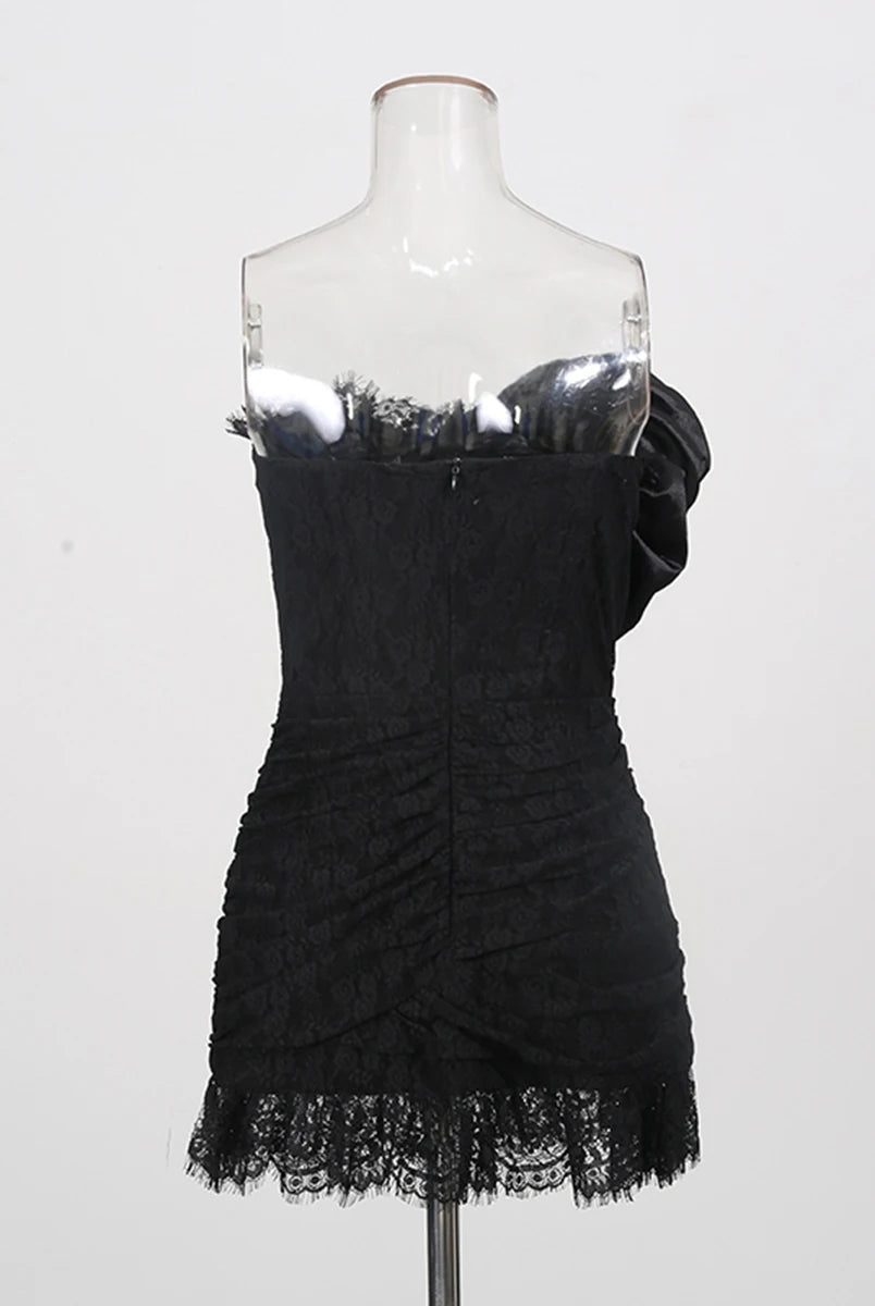 Trend4us Luxe Strapless Rosette Ruched Lace Mini Dress