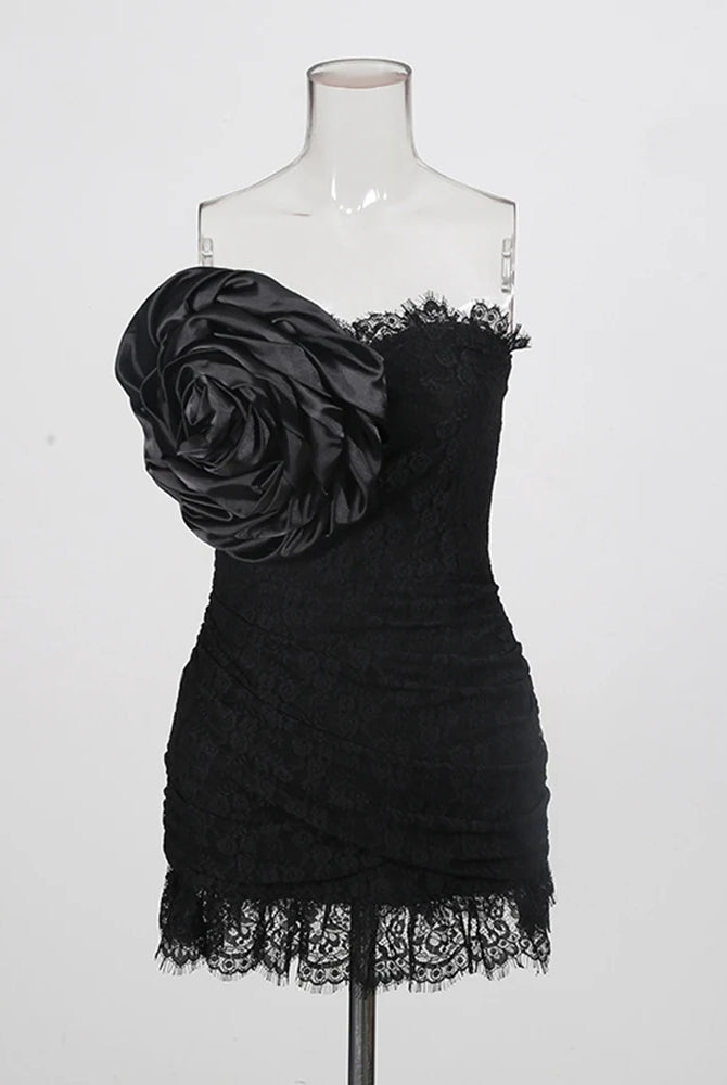 Trend4us Luxe Strapless Rosette Ruched Lace Mini Dress - Black