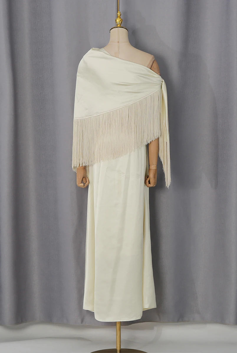 Trend4us Luxe Satin Fringe Shawl One-Shoulder Evening Dress