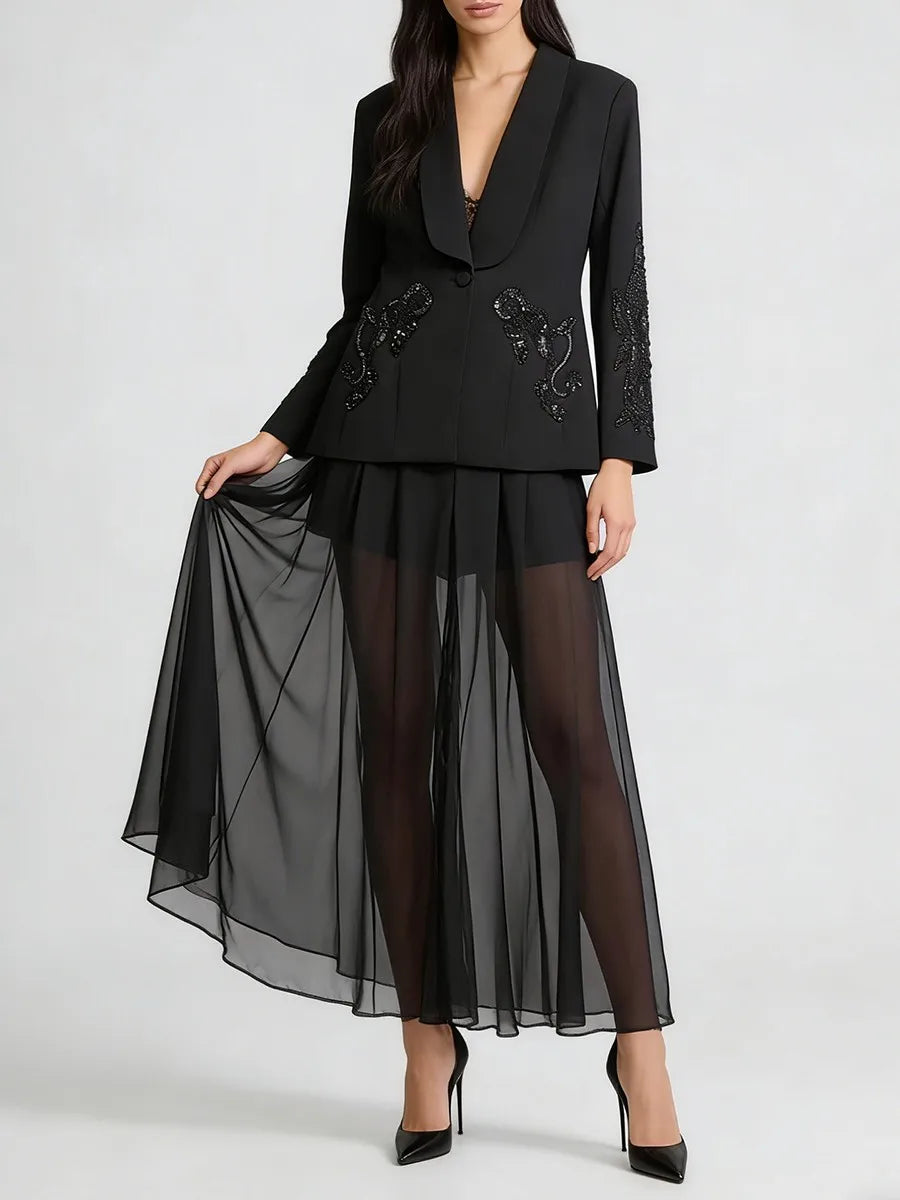Front View Trend4us Luxe Crystal Beaded Blazer & Sheer Wide-Leg Pants Set in Black