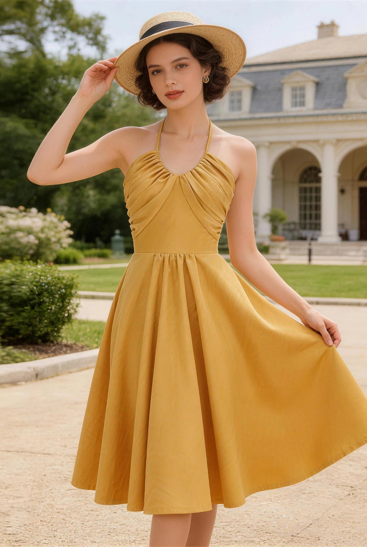 Trend4us Vintage Halter Ruched Summer Fit & Flare Dress in gold front view