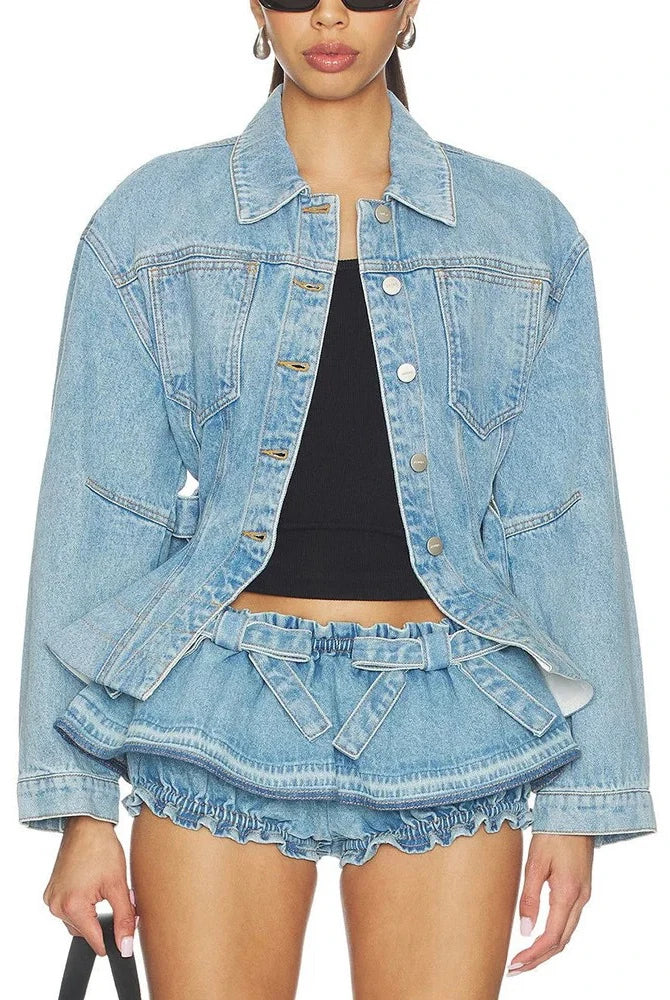 Trend4us Luxe Belted Peplum Denim Jacket & Ruffle Shorts Set in blue