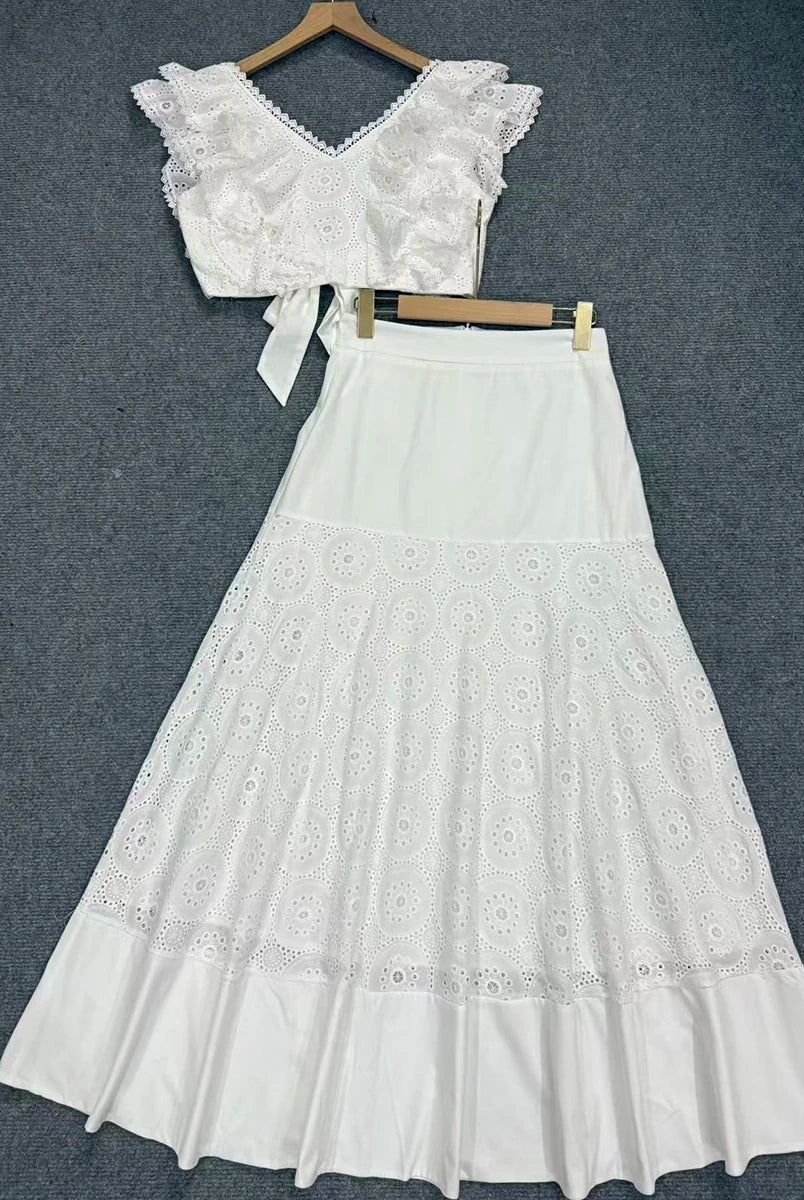 Trend4us Luxe Eyelet Lace Ruffle Crop Top & Midi Skirt Set - White