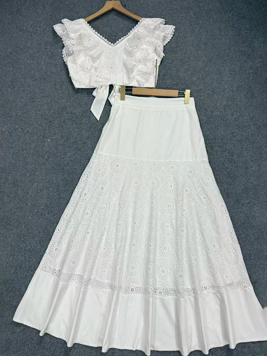 Trend4us Luxe Eyelet Lace Ruffle Crop Top & Midi Skirt Set - White