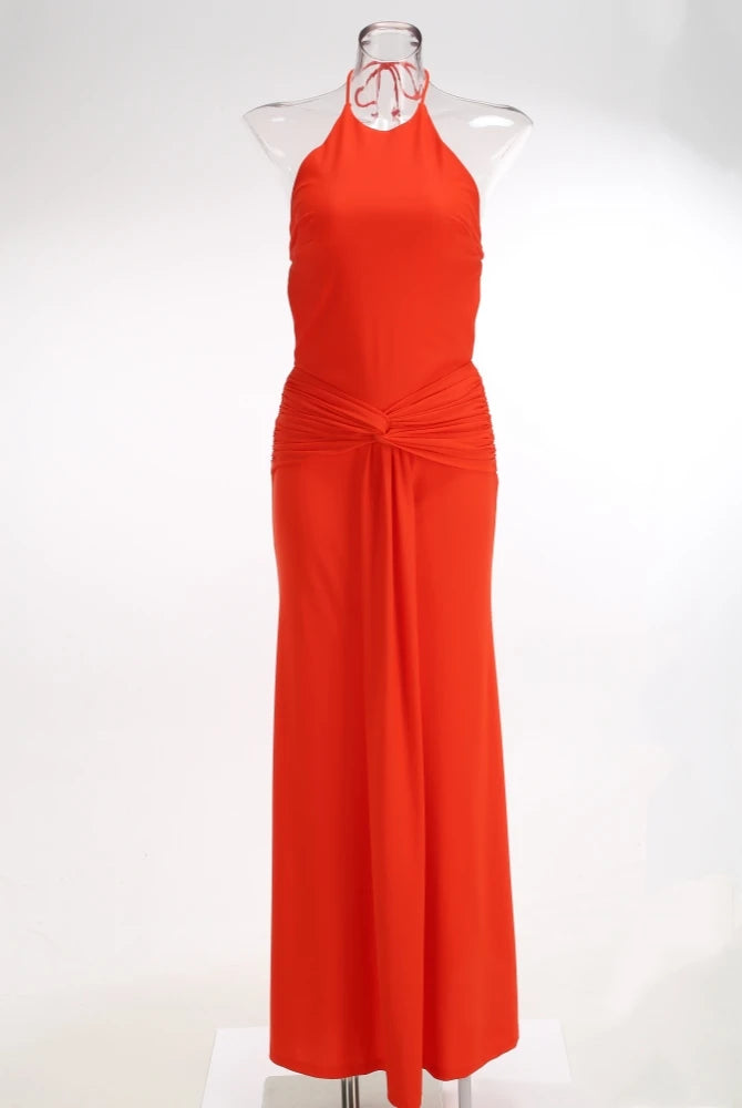 Trend4us Luxe Backless Halter Ruched Mermaid Maxi Dress in red front view