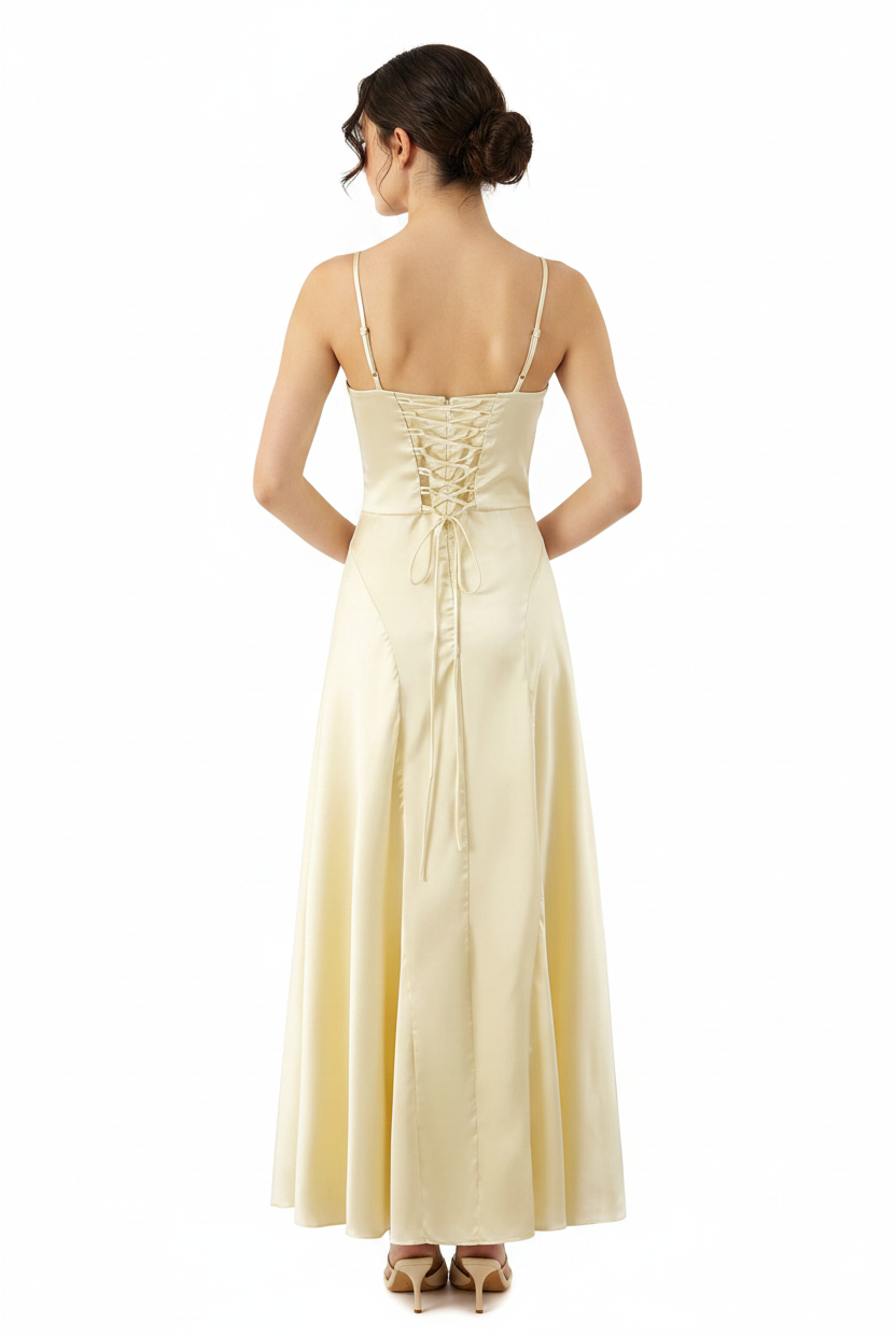 Satin Lace-Up Corset Maxi Dress — Women's V-Neck A-Line | Trend4us