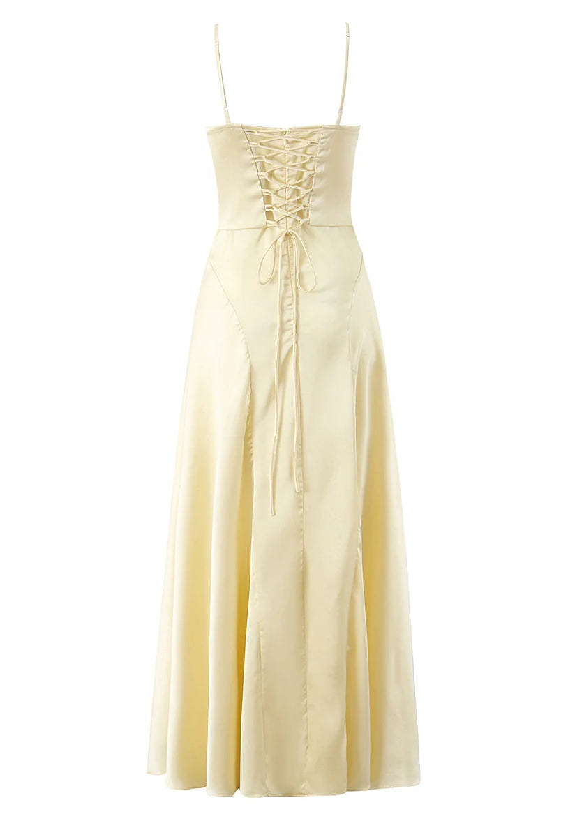 Satin Lace-Up Corset Maxi Dress — Women's V-Neck A-Line | Trend4us