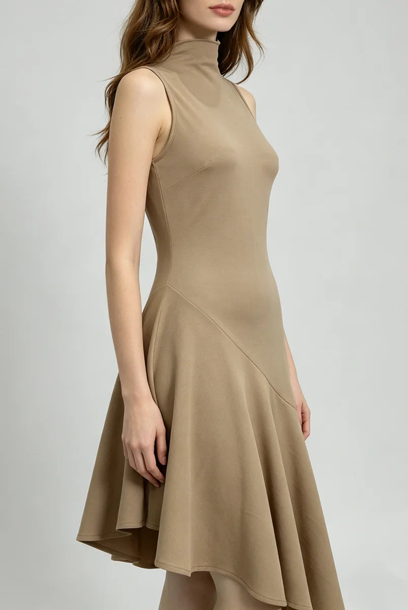 Trend4us Elegant High-Neck Asymmetrical Hem Midi Dress