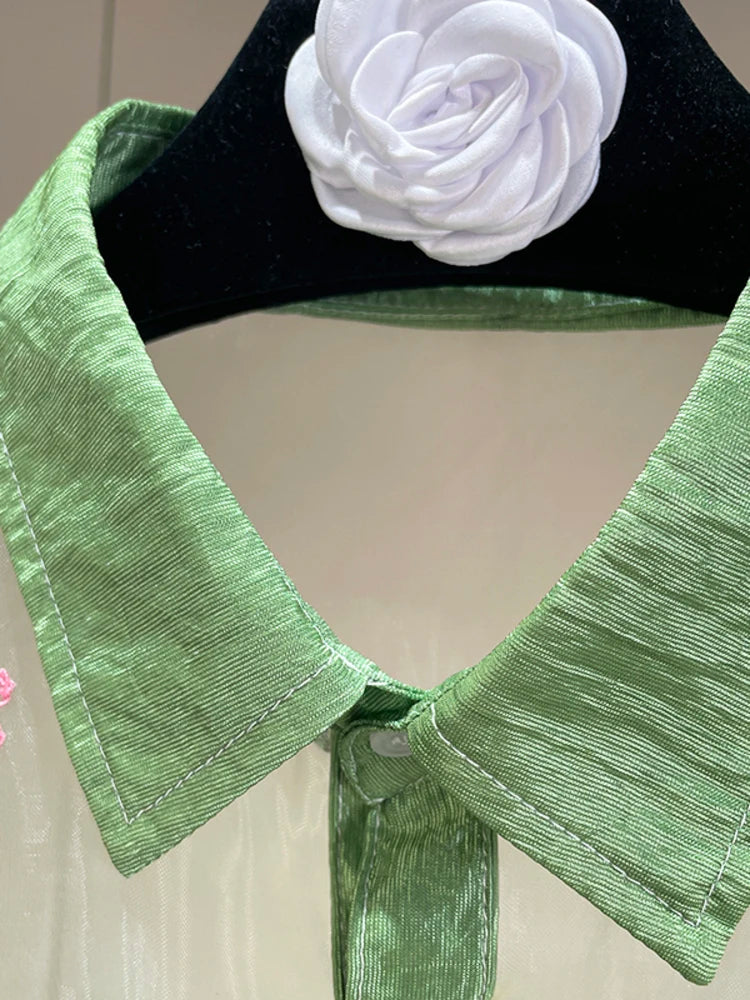 Trend4us Luxe Sheer Floral Embroidered Button-Up Blouse in Mint Green