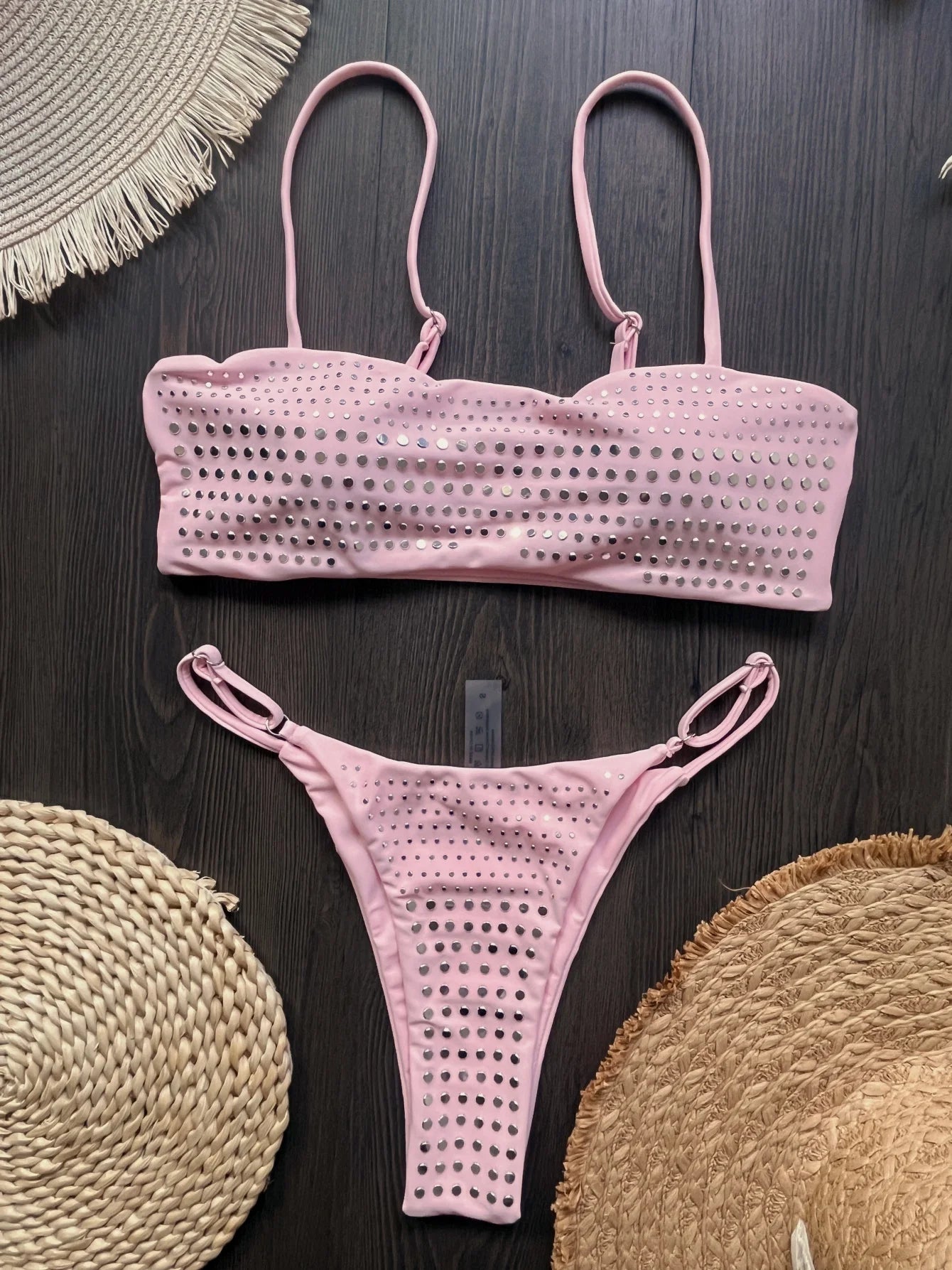 Trend4us Luxe Rhinestone Bandeau Bikini Set in pink