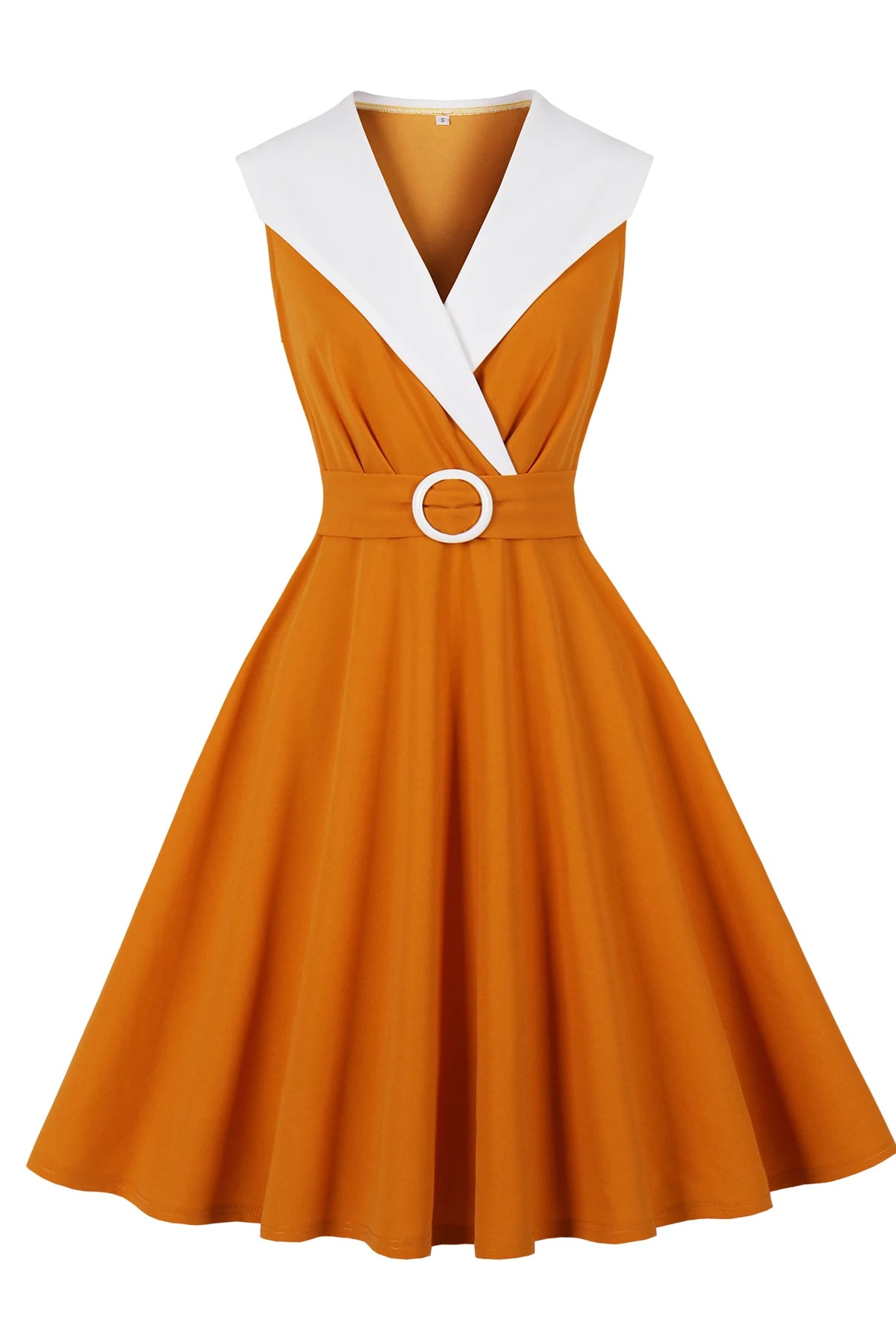 Trend4us Vintage Contrast Collar Belted Fit & Flare Swing Dress in Orange in orange