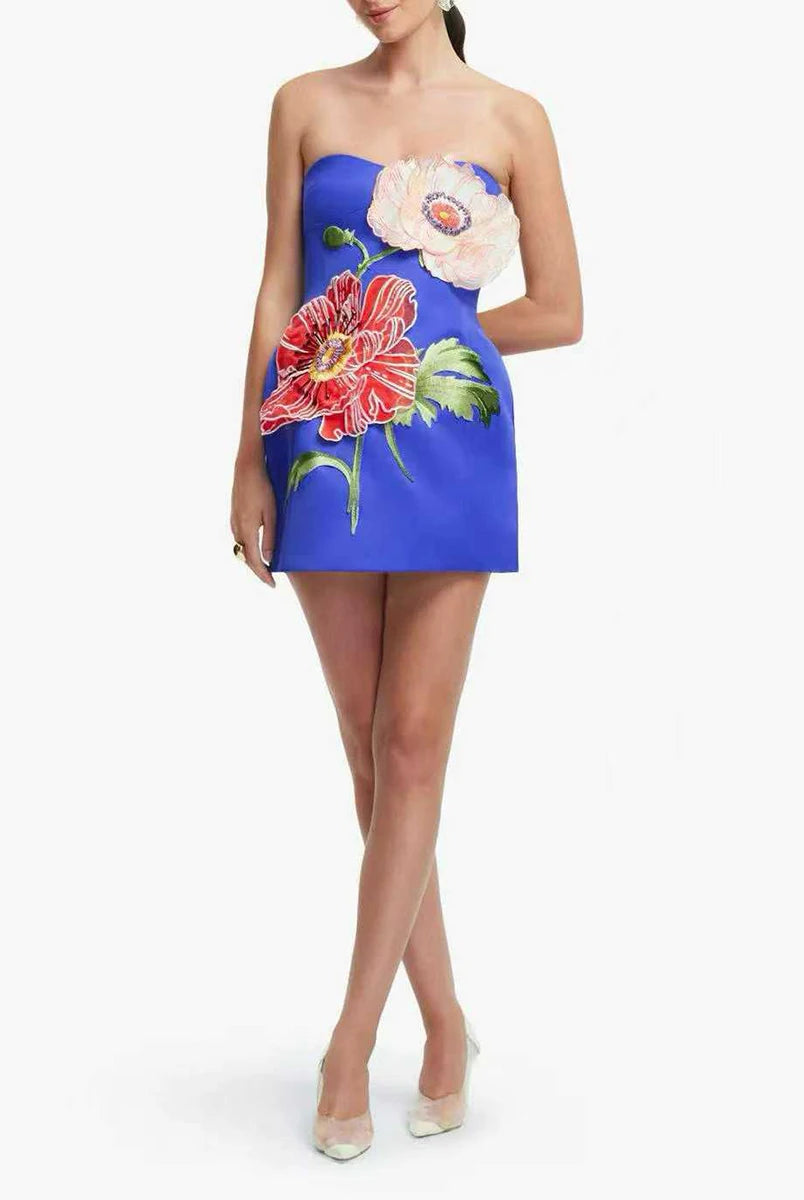 Trend4us Luxe Floral Appliqué Strapless High Waist Mini Dress