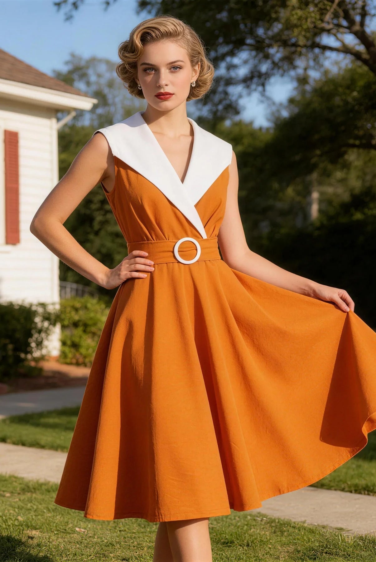 Trend4us Vintage Contrast Collar Belted Fit & Flare Swing Dress in Orange front view