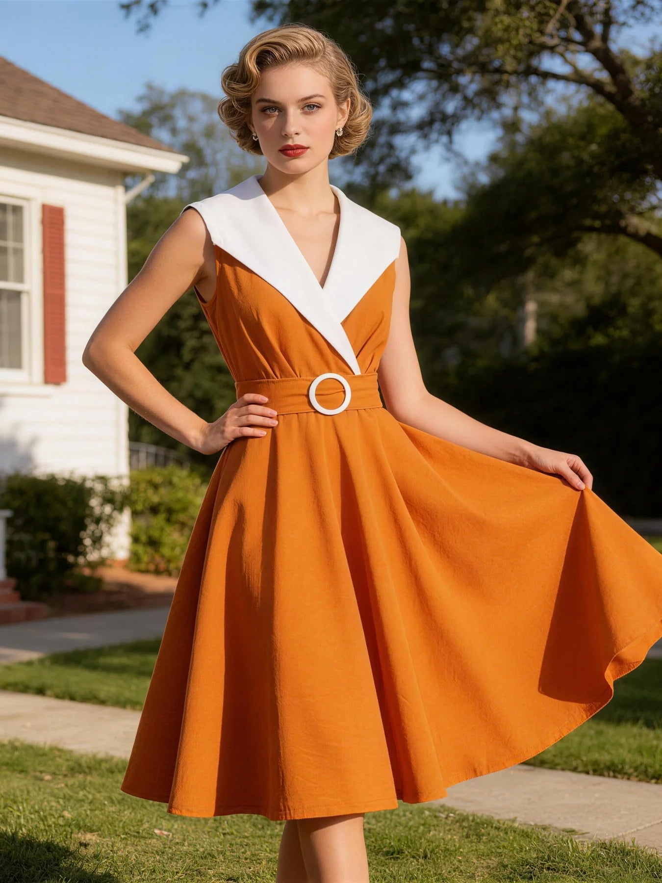 Trend4us Vintage Contrast Collar Belted Fit & Flare Swing Dress in Orange front view