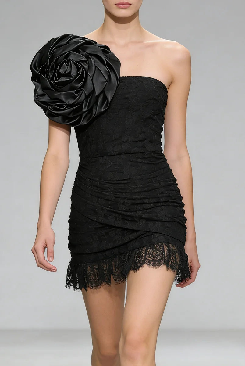 Trend4us Luxe Strapless Rosette Ruched Lace Mini Dress