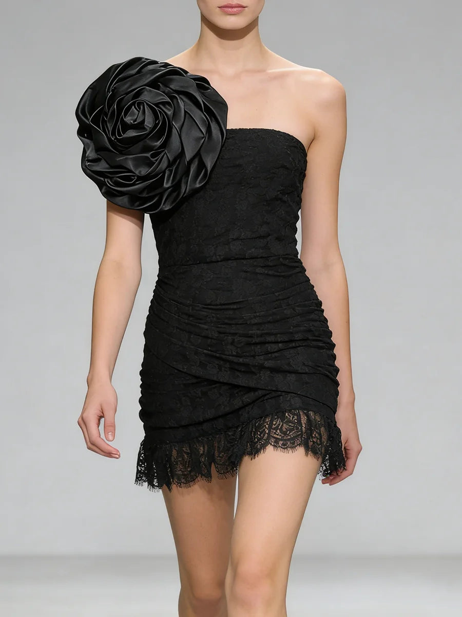 Trend4us Luxe Strapless Rosette Ruched Lace Mini Dress