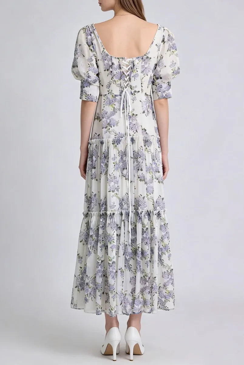 Purple floral lace-up back maxi dress back view