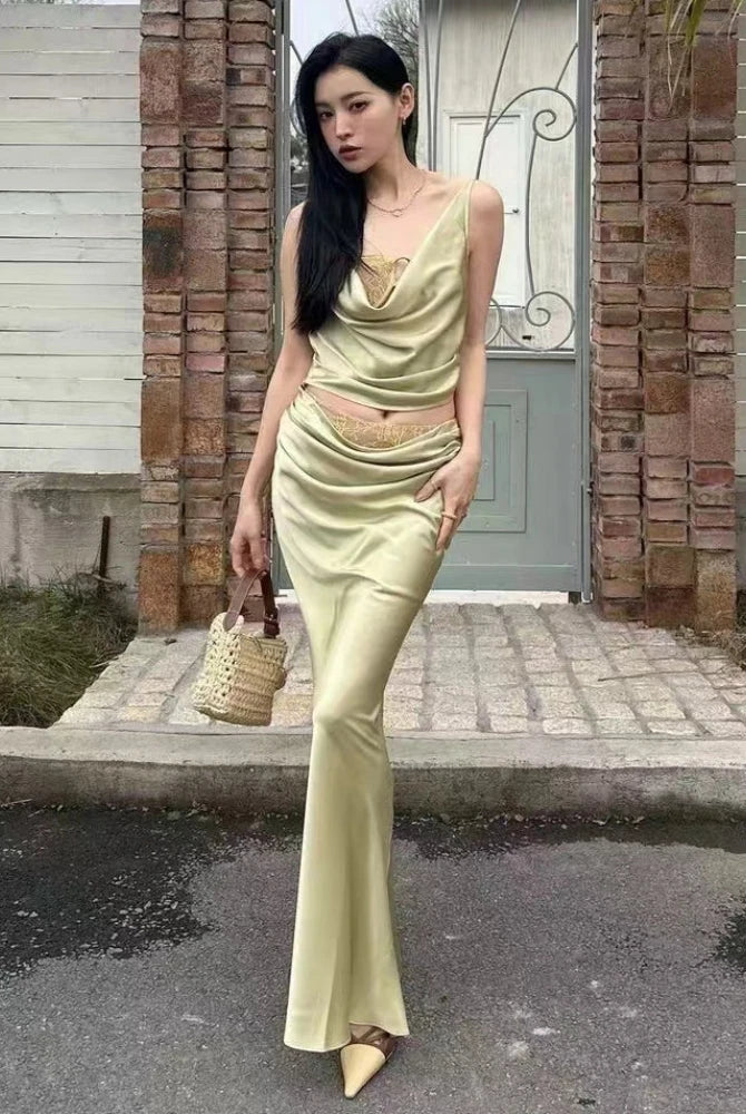 Trend4us Luxe Satin Lace Cowl Neck Maxi Skirt Set – Green