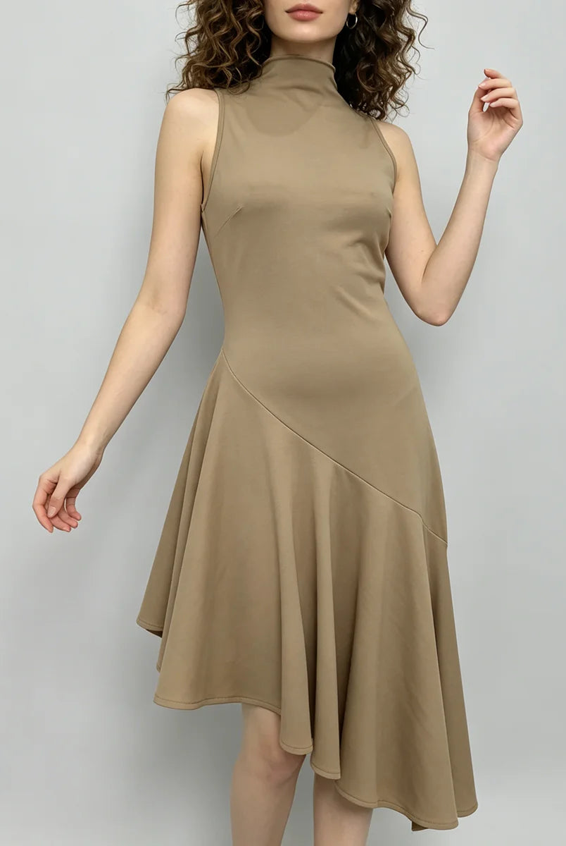 Trend4us Elegant High-Neck Asymmetrical Hem Midi Dress