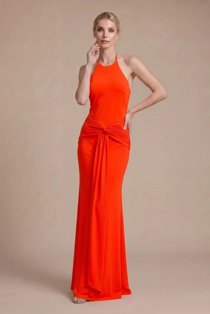 Trend4us Luxe Backless Halter Ruched Mermaid Maxi Dress