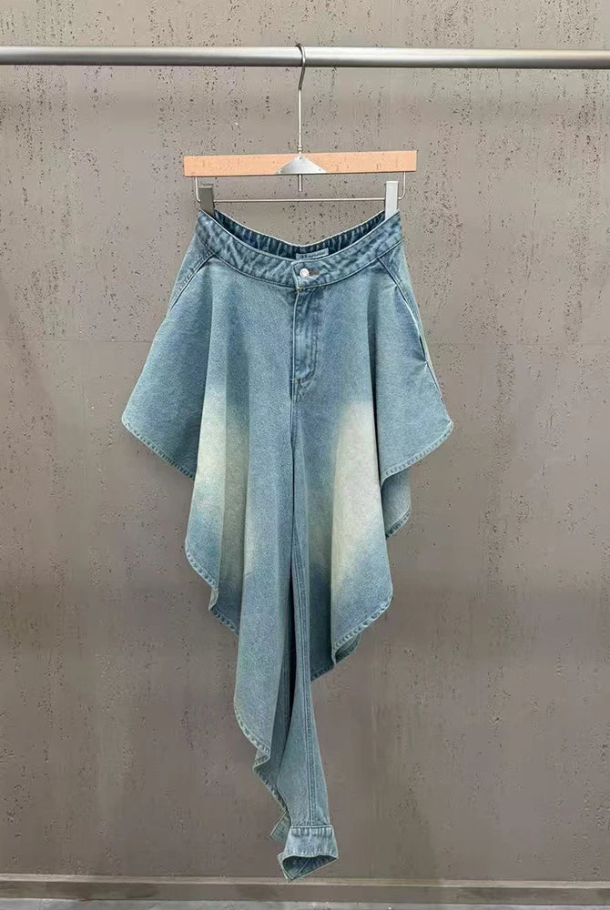 Trend4us Luxe Asymmetrical Denim Crop Top & Draped Skirt Set in blue