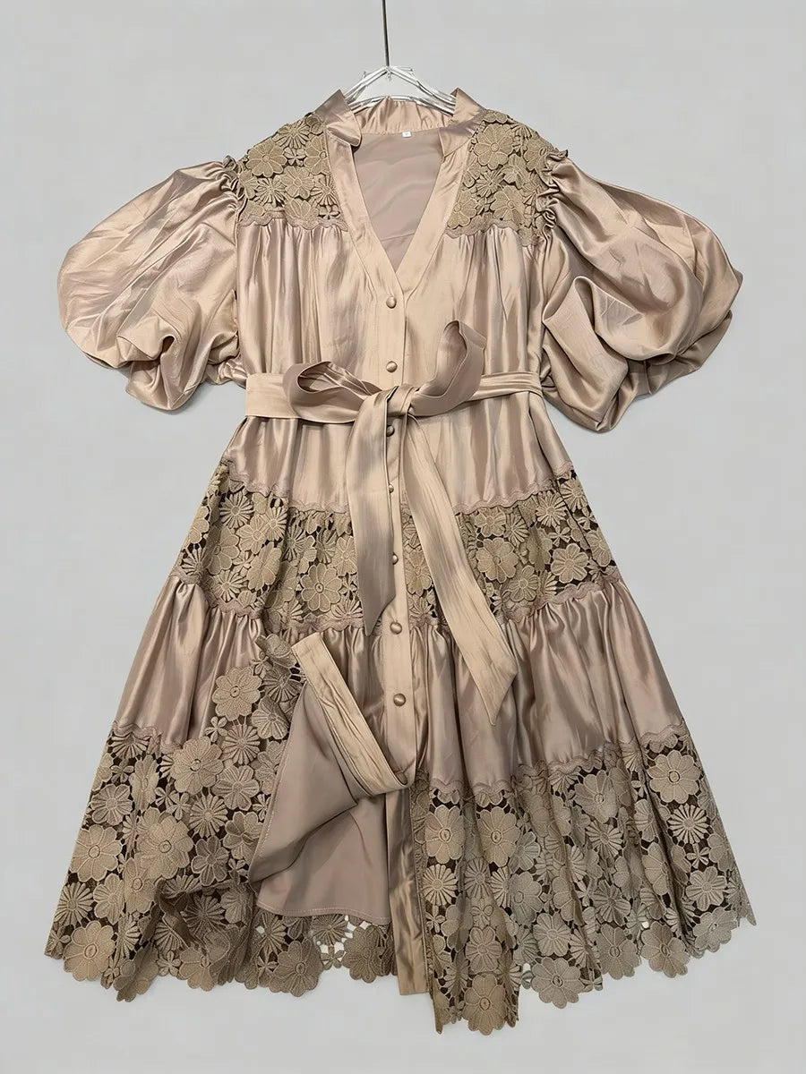 "Khaki beige lace mini dress - casual brunch outfit styling"