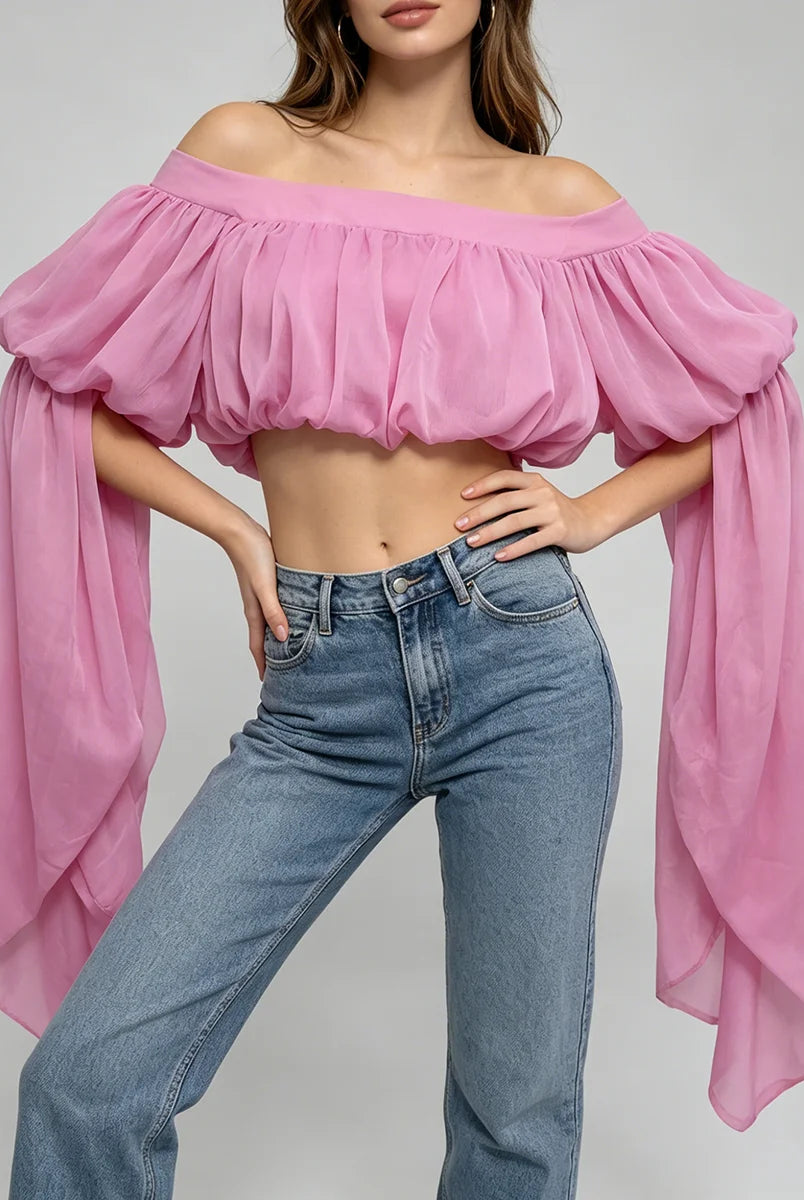 Trend4us Romantic Off-Shoulder Chiffon Puff Sleeve Crop Top