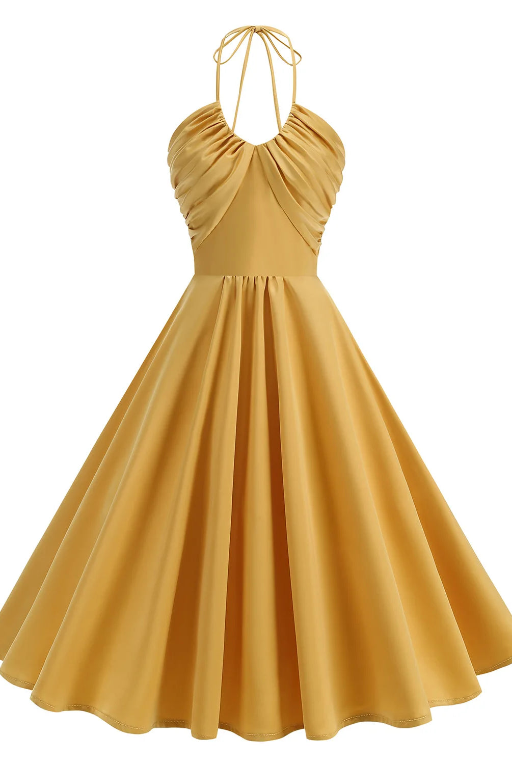 Trend4us Vintage Halter Ruched Summer Fit & Flare Dress gold